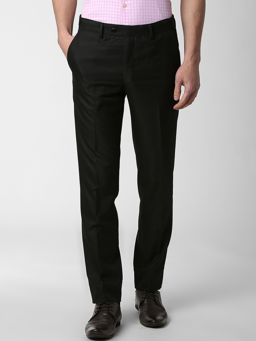 

Peter England Men Black Slim Fit Self Design Formal Trousers
