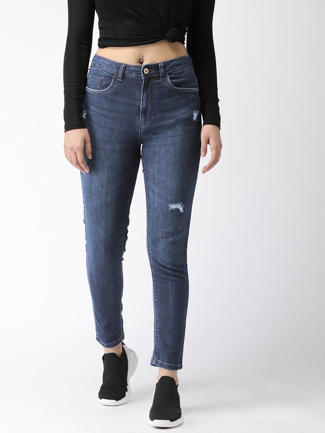 

Flying Machine Women Blue Veronica Skinny High-Rise Low Distress Stretchable Cropped Jeans