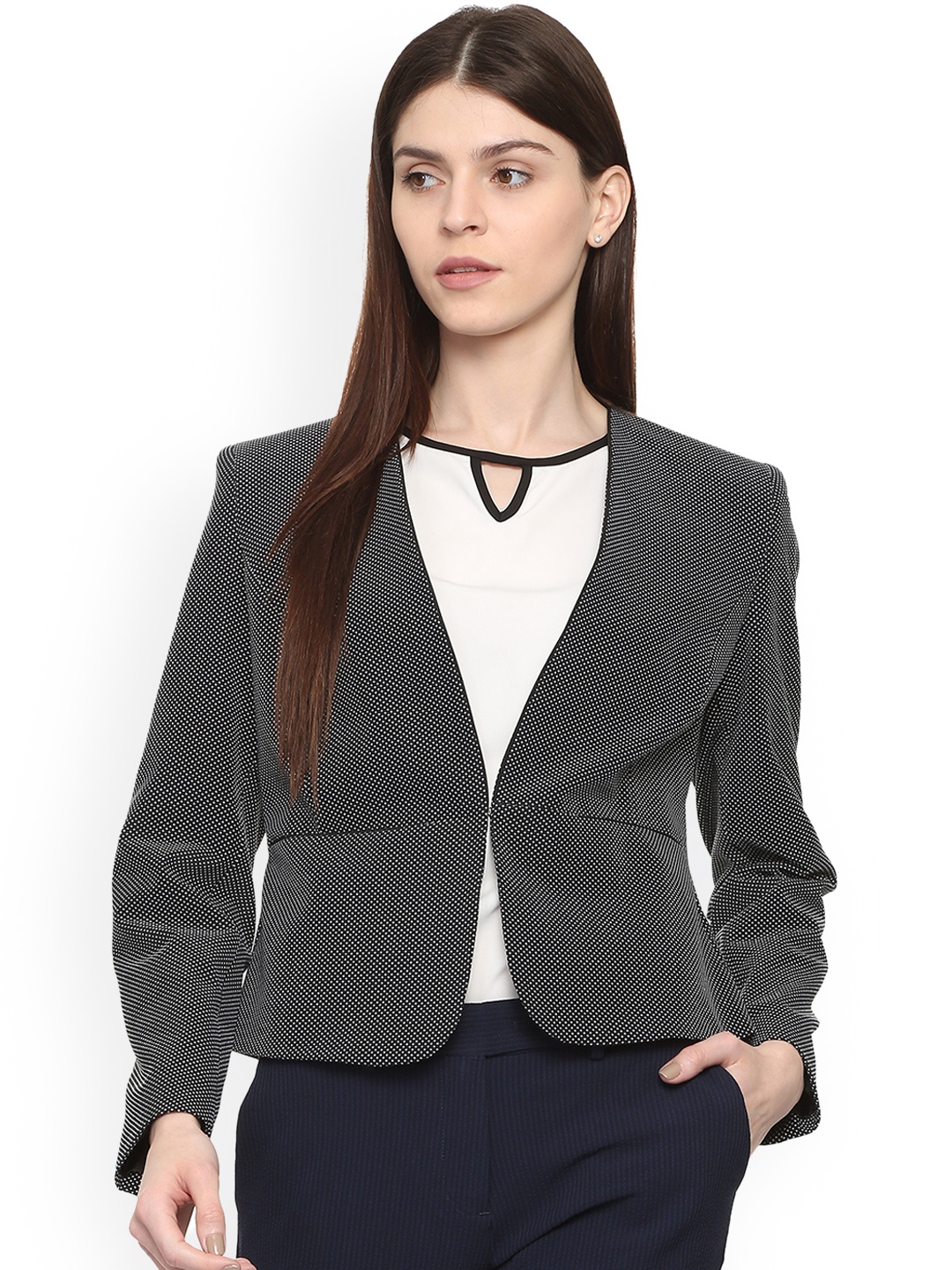 

Van Heusen Woman Black & White Self-Design Regular-Fit Single-Breasted Blazer