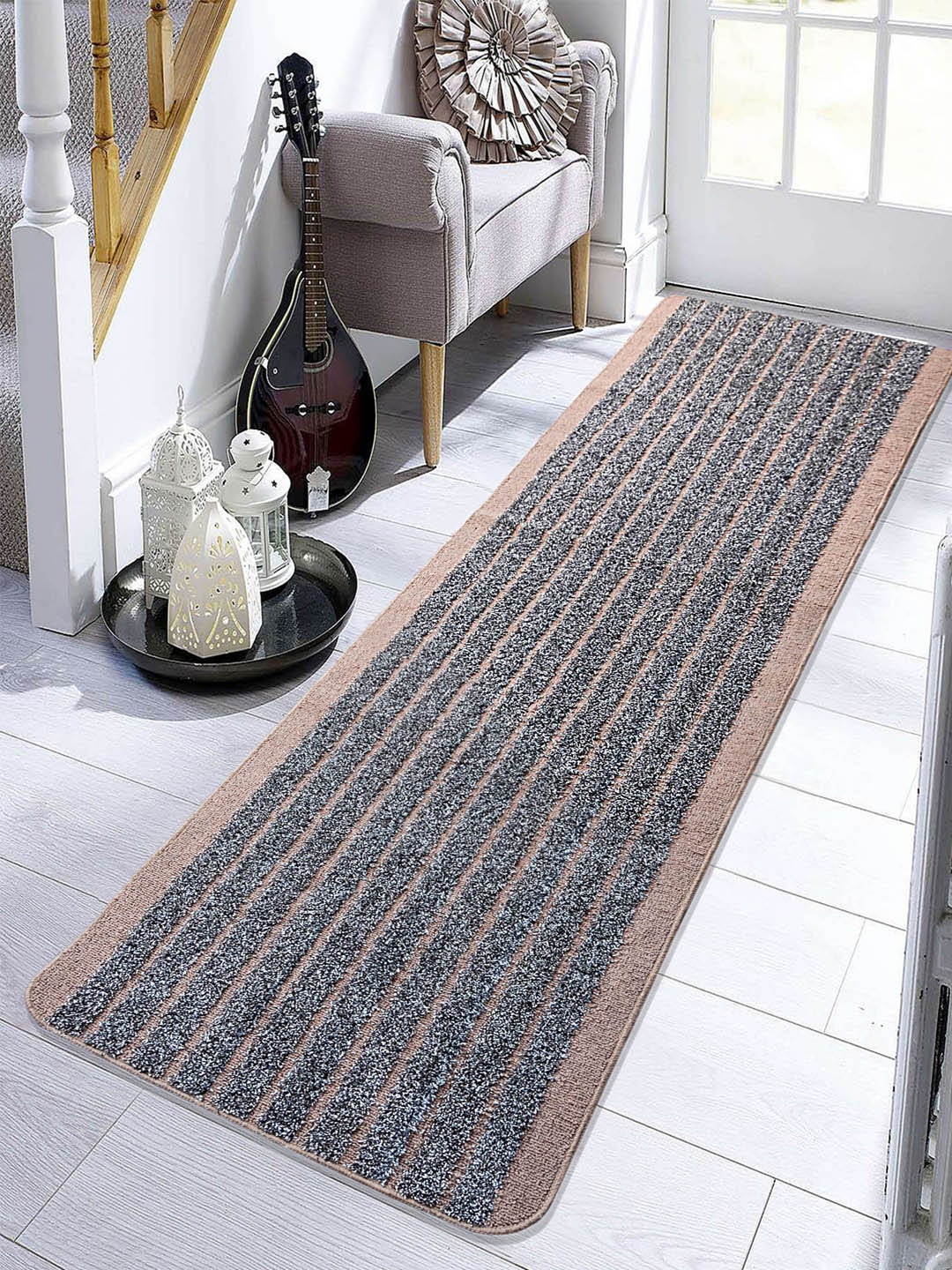 

Saral Home Beige & Grey Striped Polyester Anti Slip Runner