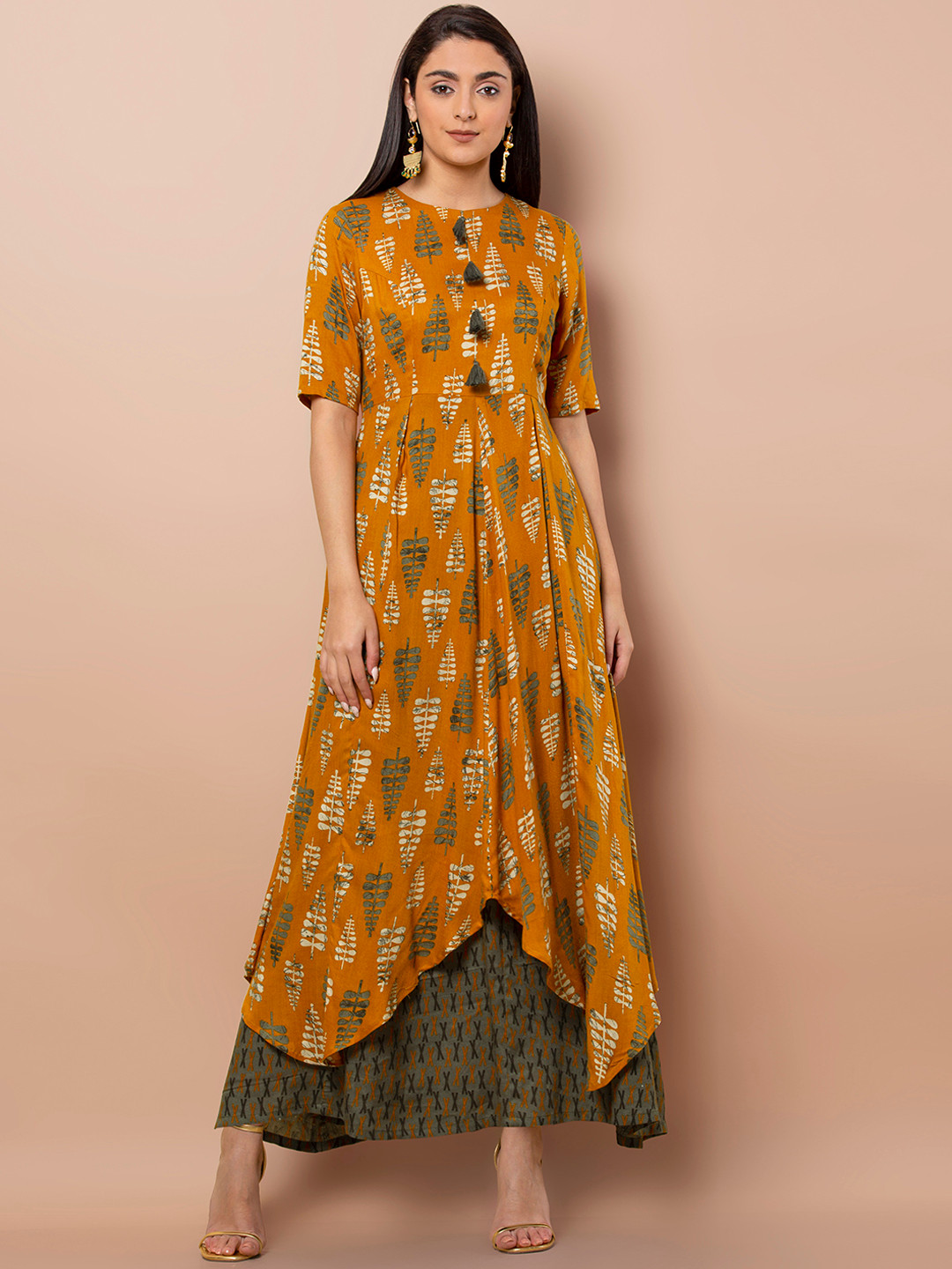 

INDYA Mustard Floral High-Low Double Layer Tunic, Yellow