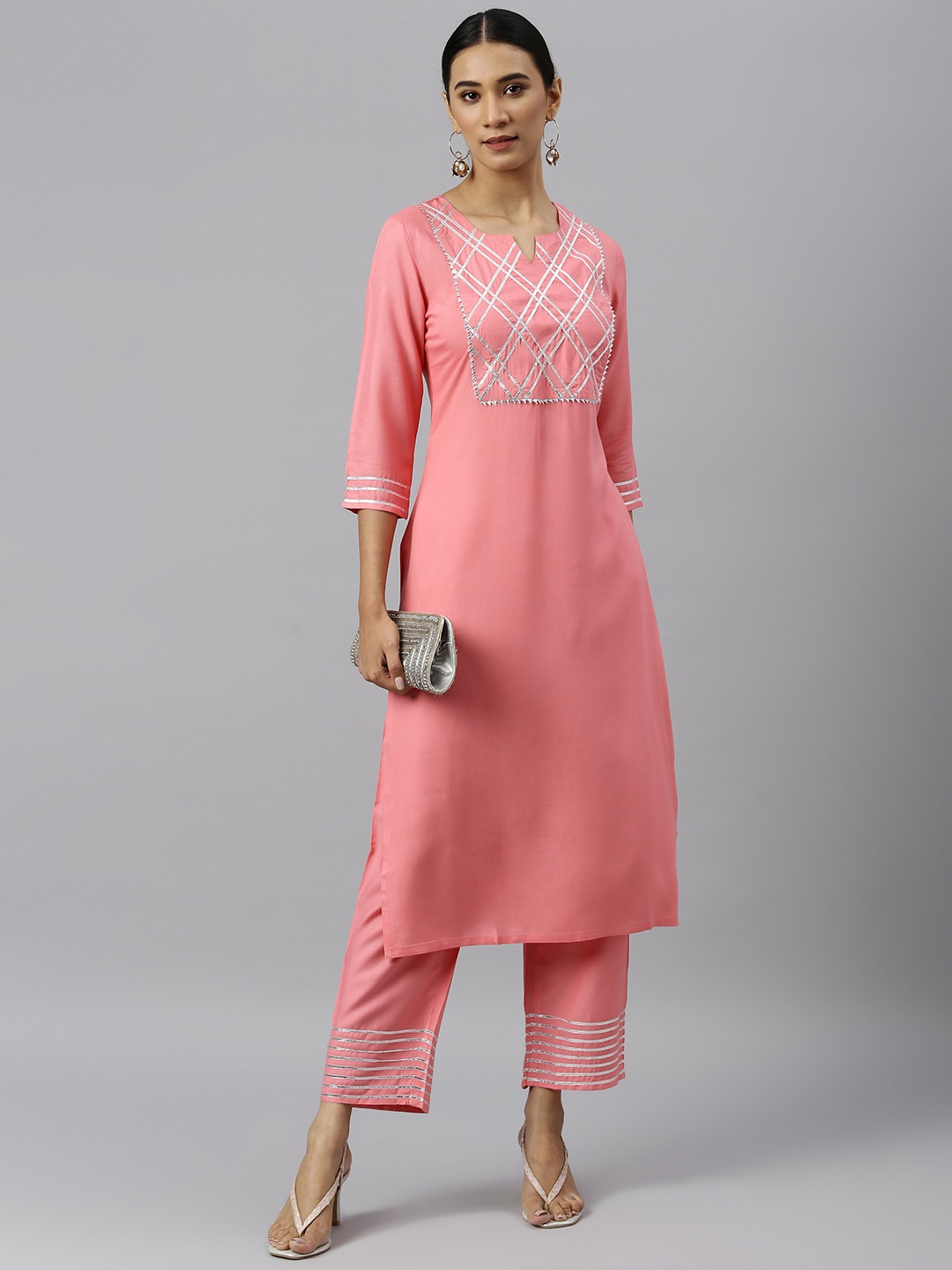 

Khushal K Women Pink & Silver-Coloured Solid Kurta with Palazzos