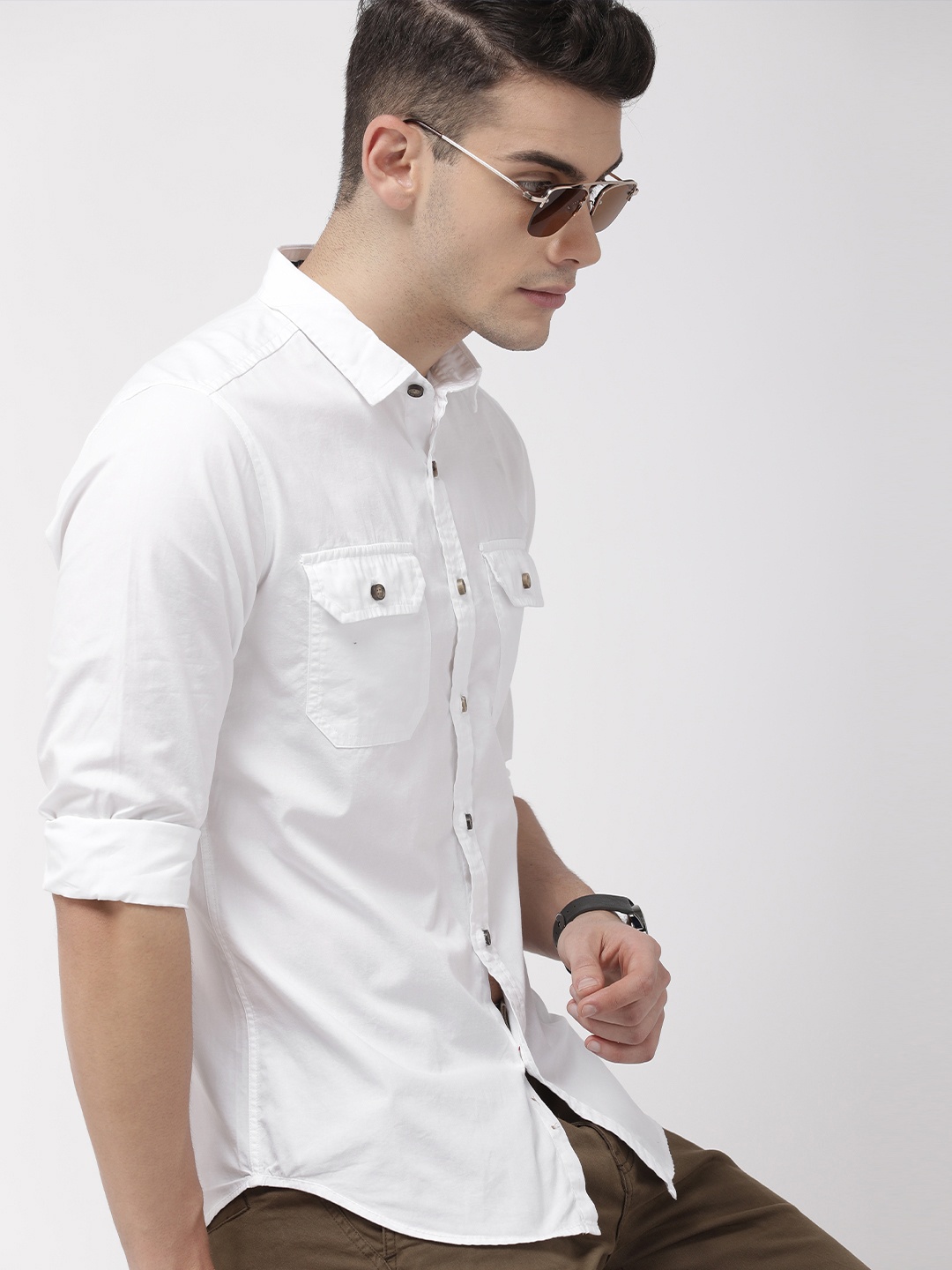 HIGHLANDER Men White Slim Fit Solid Casual Shirt