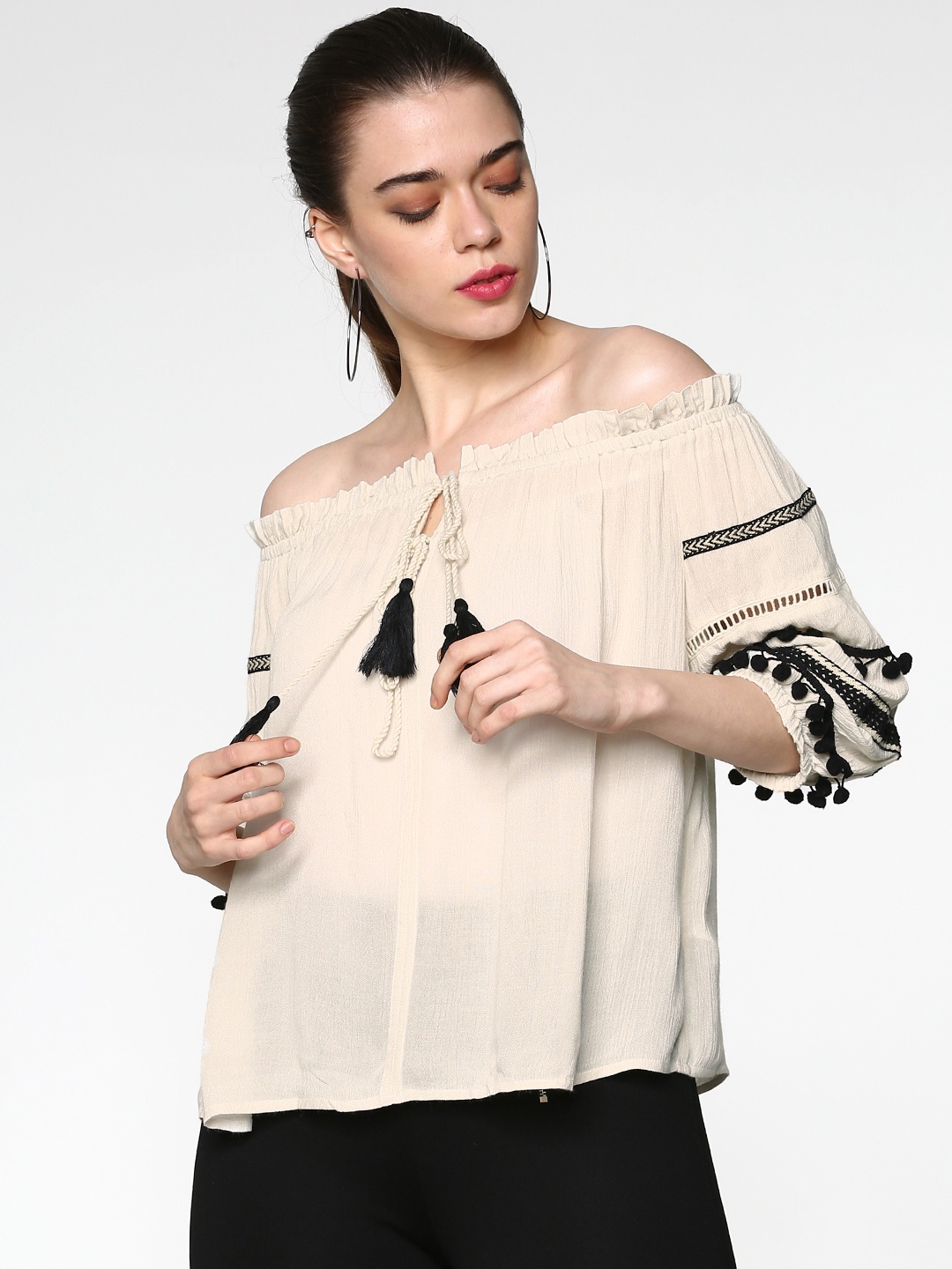 

ONLY Women Beige Solid Semi-sheer Bardot Top