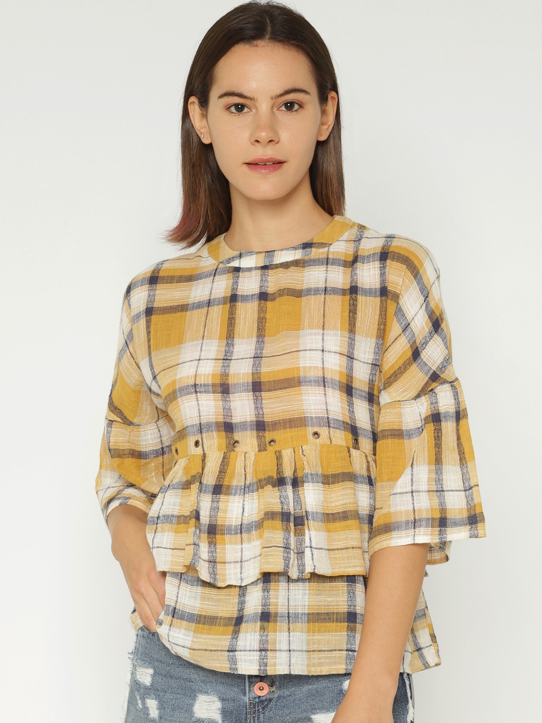 

ONLY Women White & Mustard Yellow Checked Peplum Pure Cotton Top