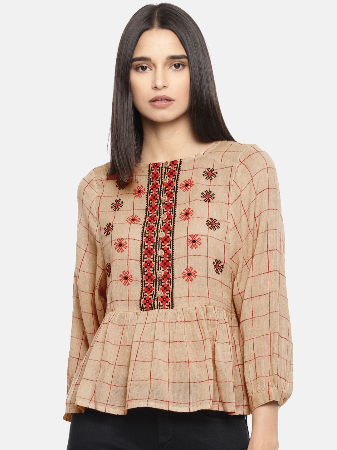 

ONLY Women Beige & Red Checked Peplum Top