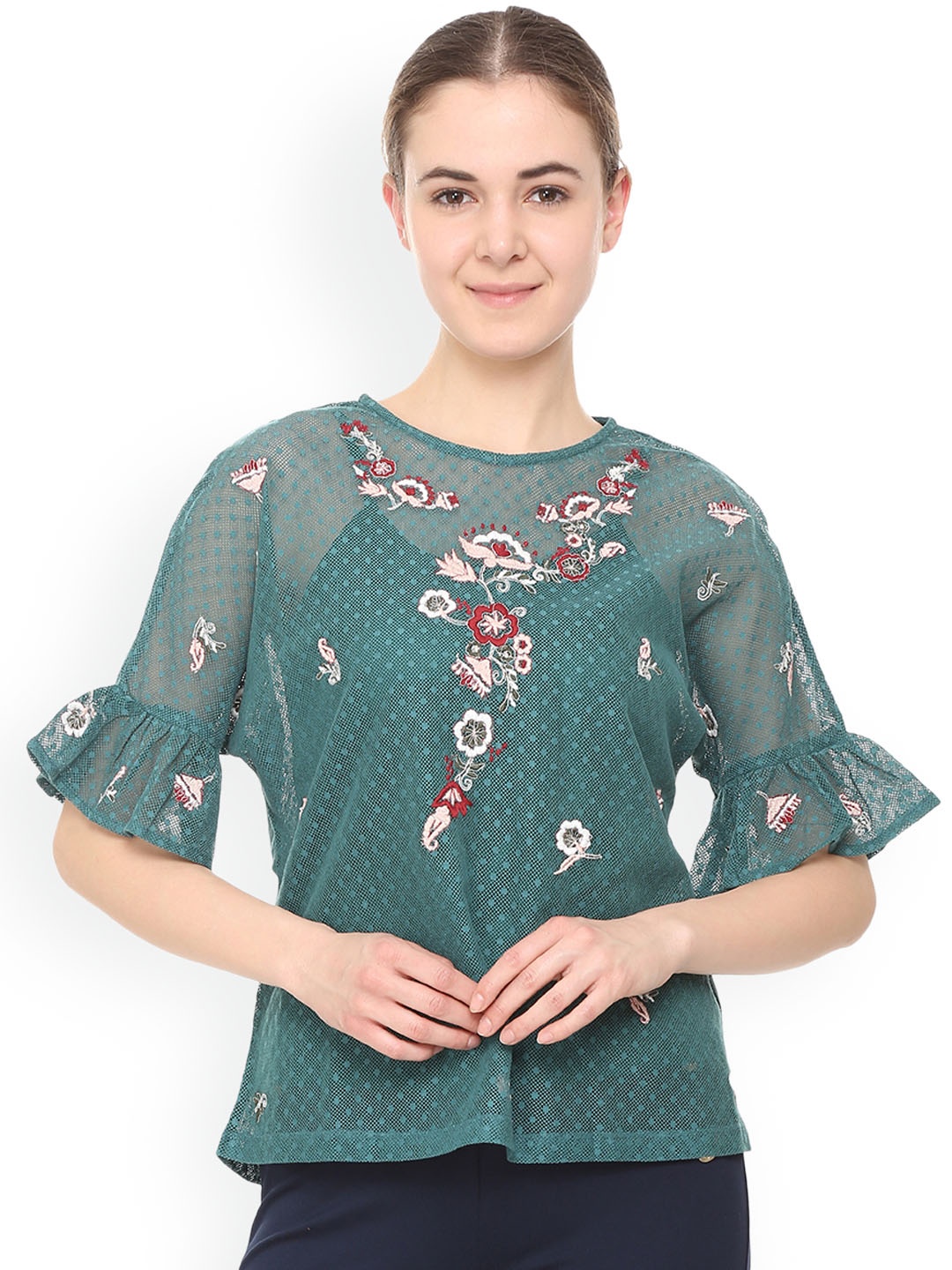 

Allen Solly Women Green Self Design Pure Cotton Top