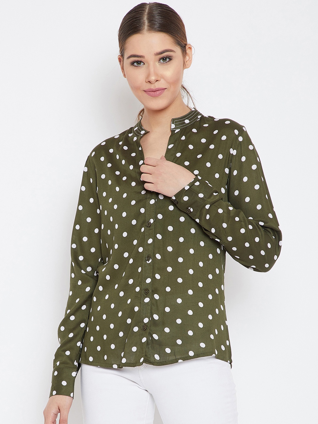

PURYS Women Olive Green & White Regular Fit Printed Casual Shirt