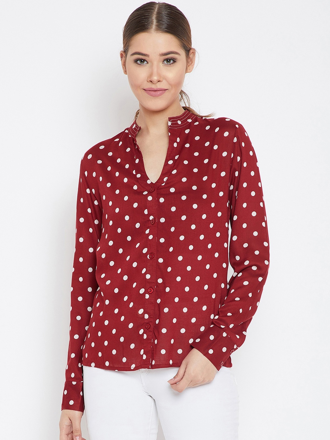 

PURYS Women Maroon & White Regular Fit Printed Casual Shirt