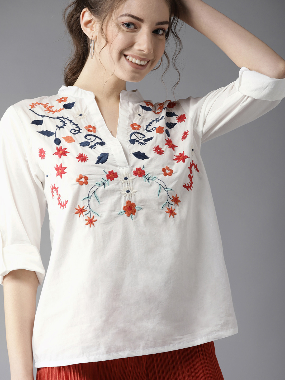 

HERE&NOW White Embroidered Pure Cotton Top