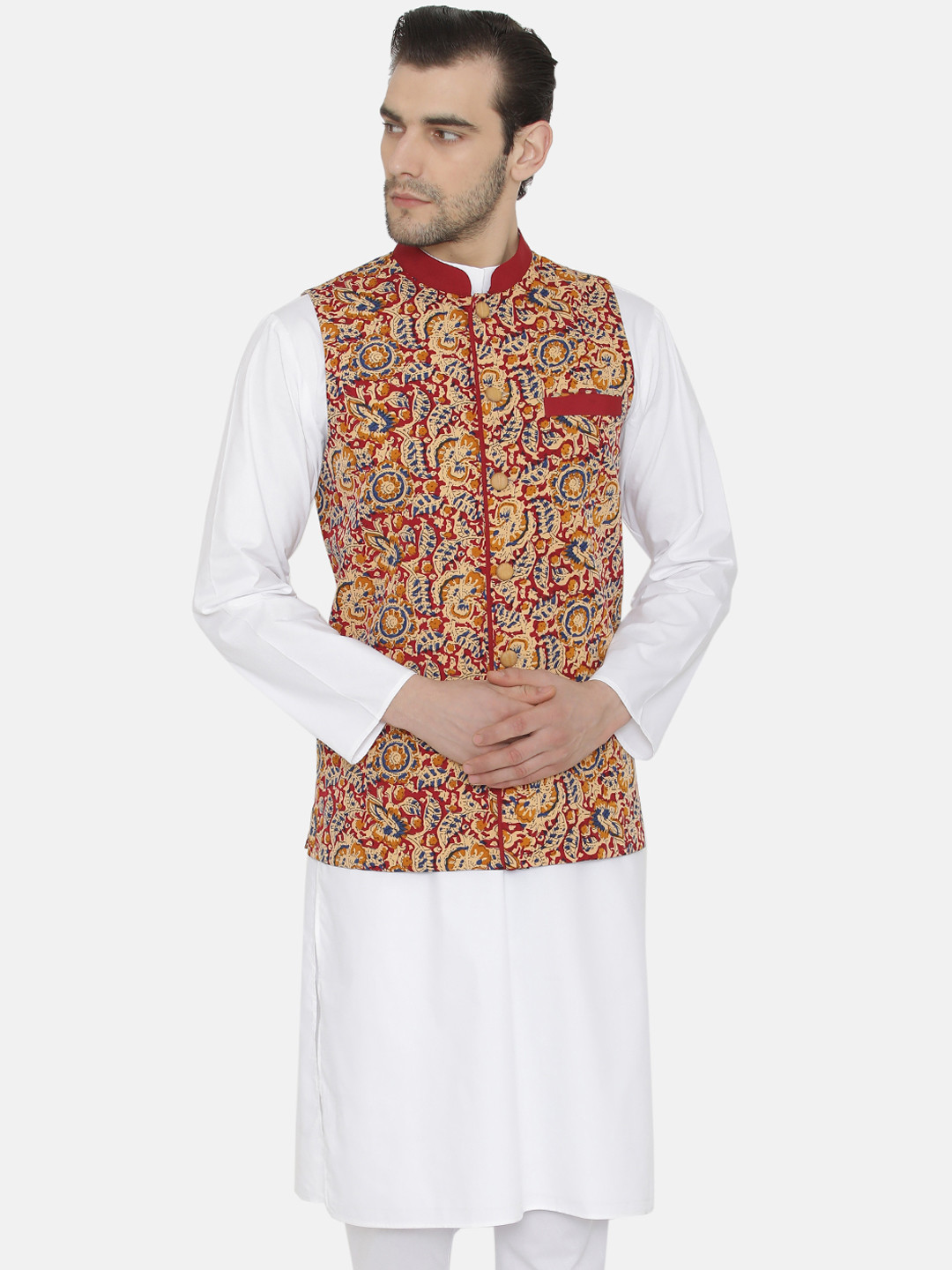 

Raas Men Cream-Coloured & Multicoloured Printed Nehru Jacket