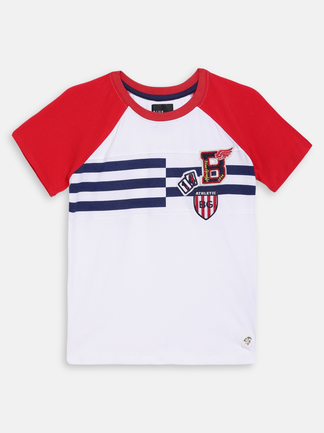 

Blue Giraffe Boys White Striped Round Neck T-shirt