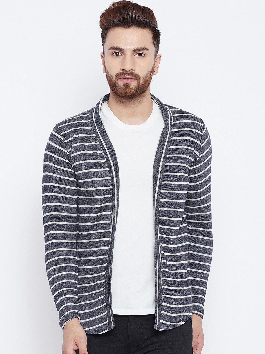 

Camey Men Navy Blue & Off-White Striped Open Front Shrug