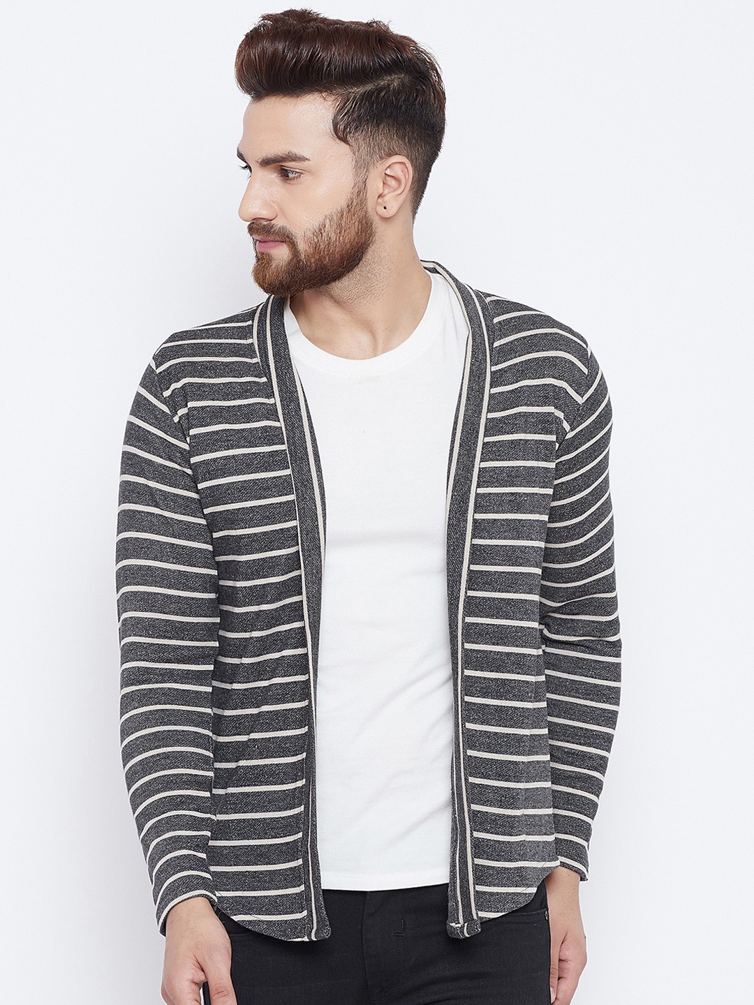 

Camey Men Grey & Off-White Solid Open Front Shrug