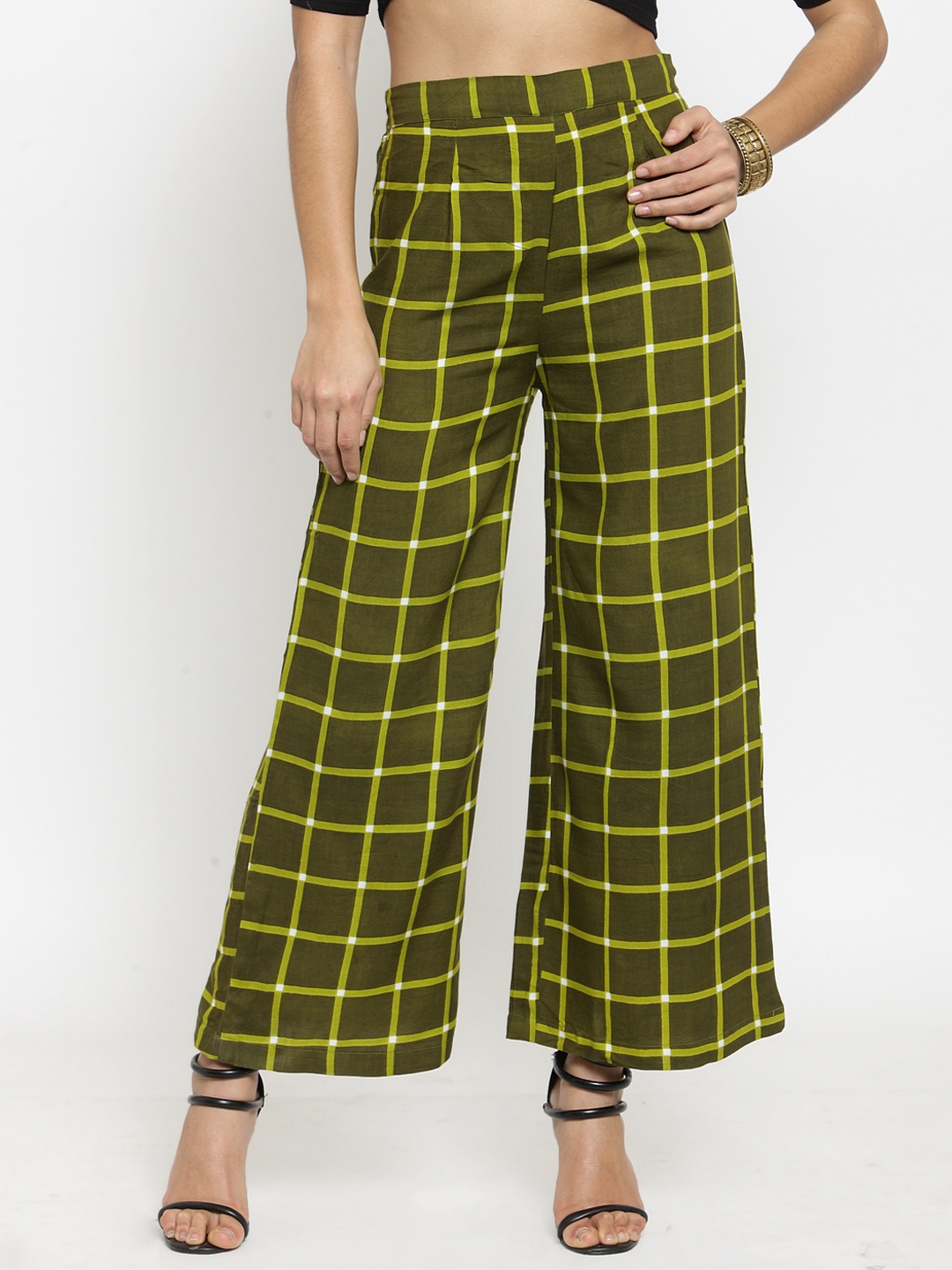 

Indibelle Women Green Straight Checked Palazzos