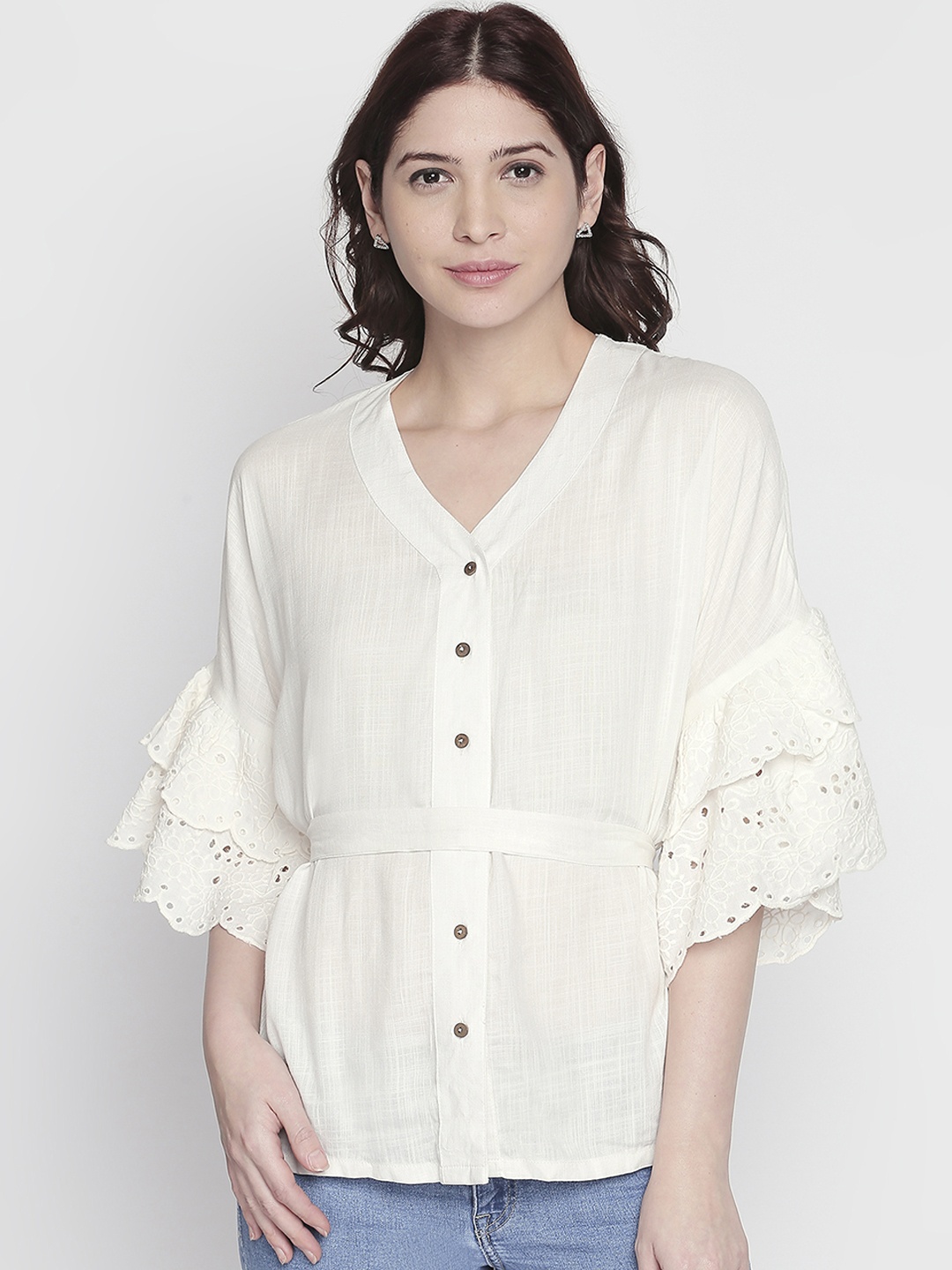 

AKKRITI BY PANTALOONS Women Off-White Self Design A-Line Top with Schiffli Detail