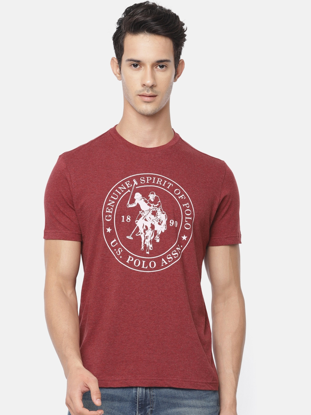 

U.S. Polo Assn. Men Maroon Brand Logo Print Round Neck Pure Cotton T-shirt