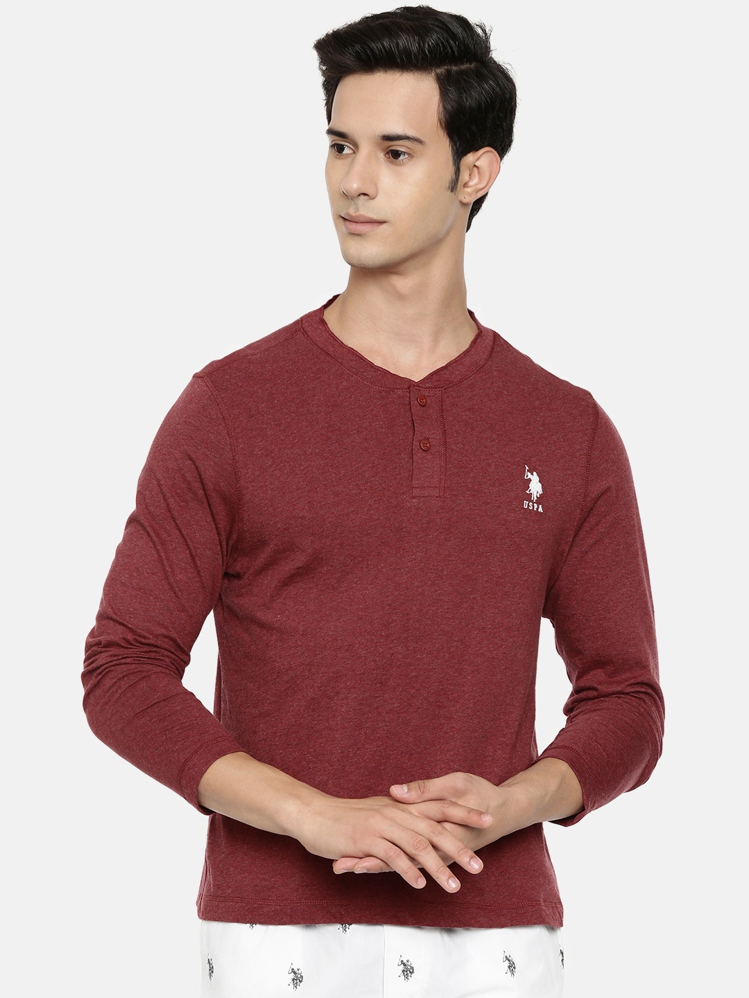 

U.S. Polo Assn. Men Maroon Solid Henley Neck Athleisure Lounge T-shirt