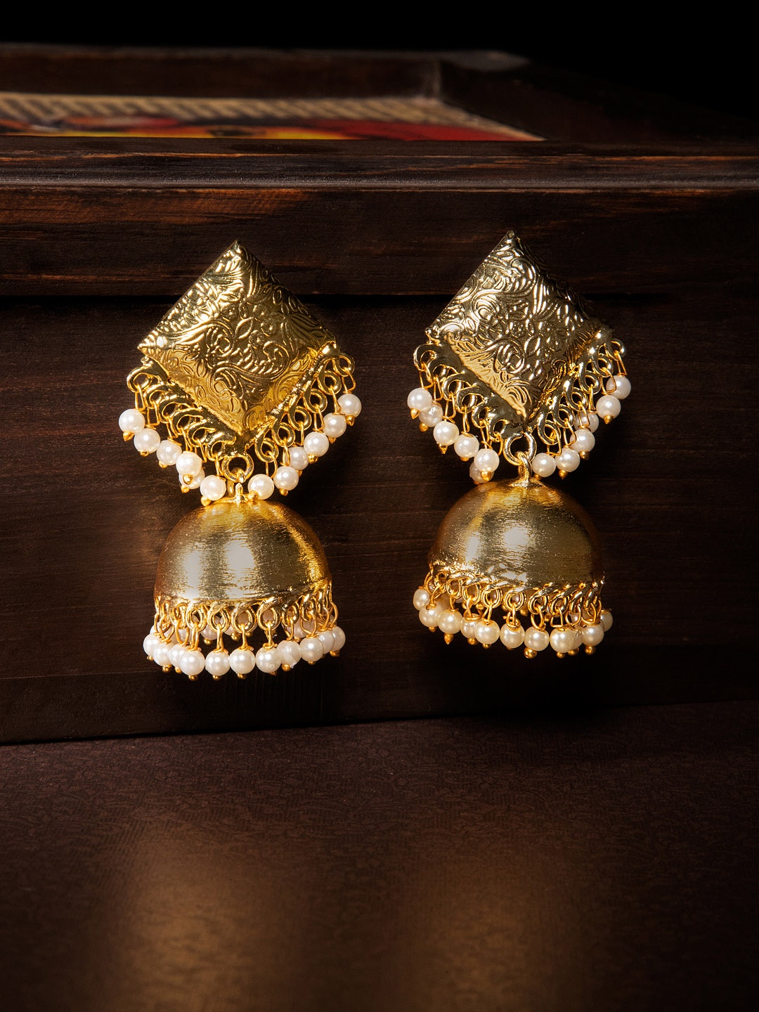 

Rubans Gold-Plated & White Dome Shaped Jhumkas