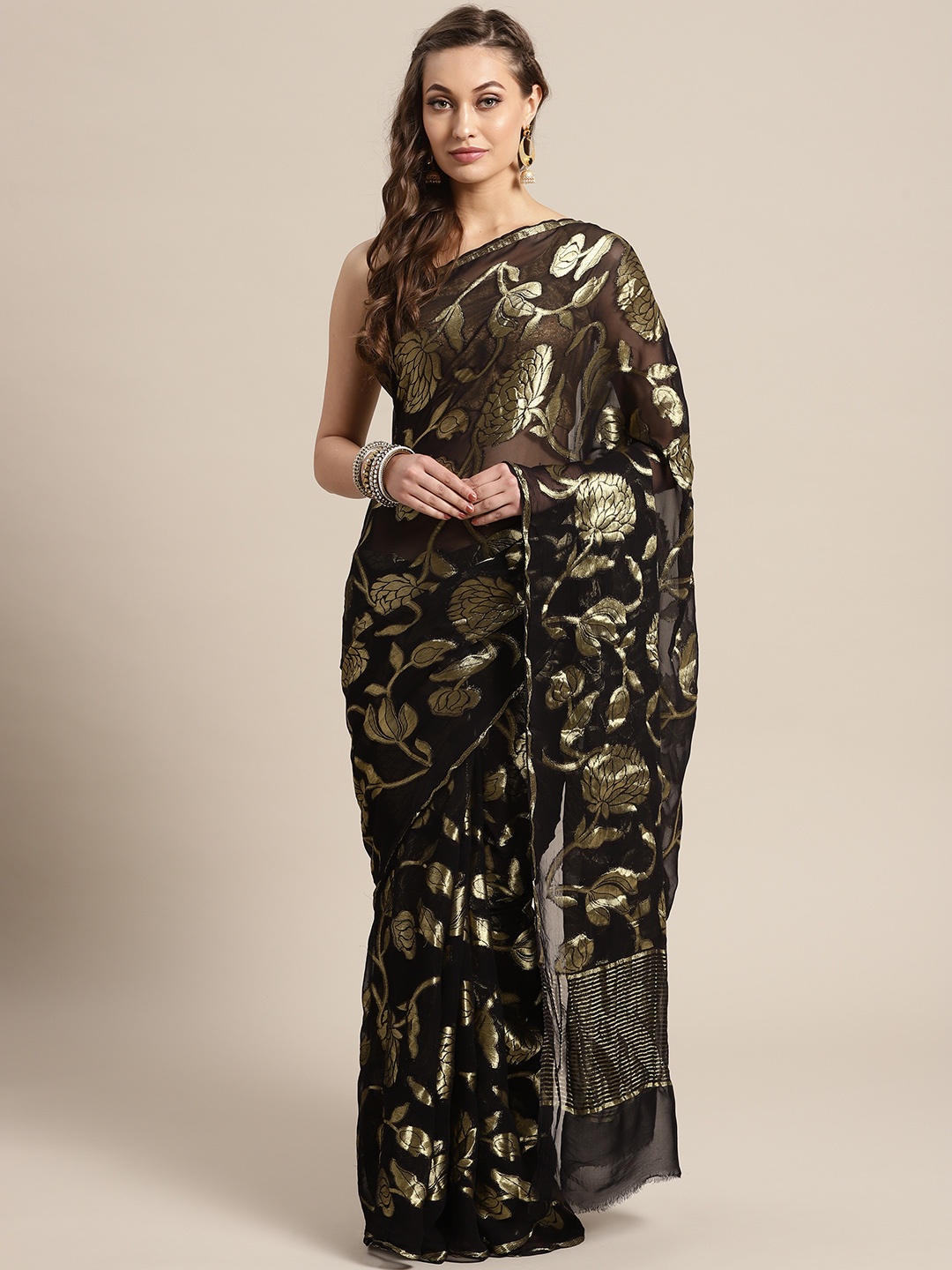 

Geroo Jaipur Black Hand Woven Floral Zari Georgette Saree