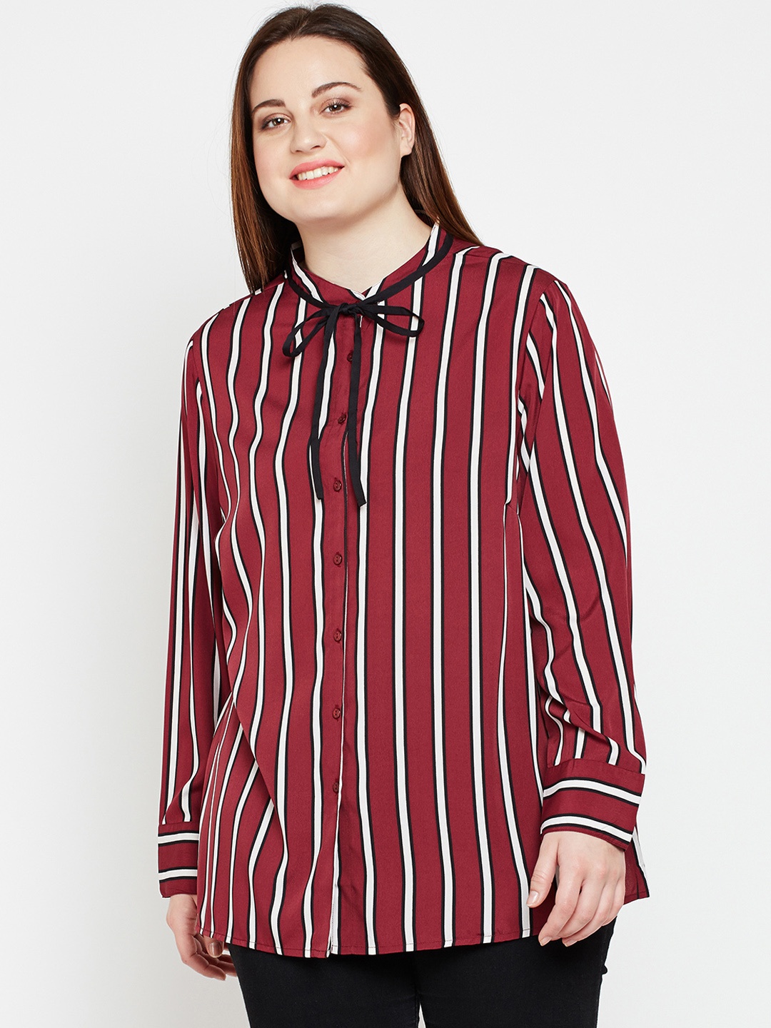 

Oxolloxo Women Maroon Regular Fit Striped Casual Shirt