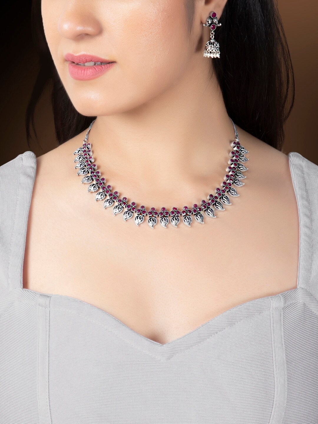 

Rubans Women Oxidised Silver-Plated & Red Faux Ruby Embellished Jewellery Set