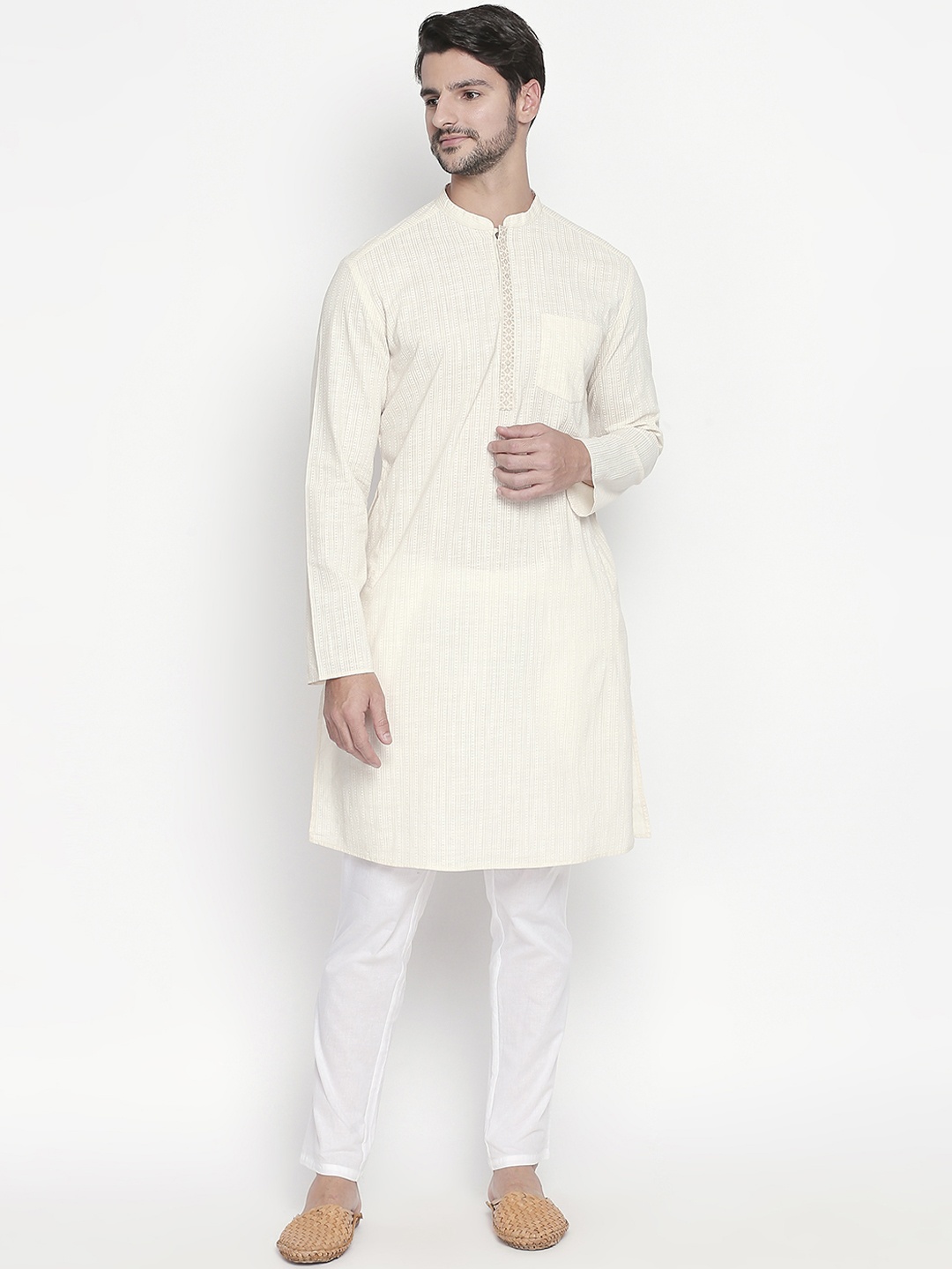 

indus route by Pantaloons Men Off-White Striped Straight Kurta