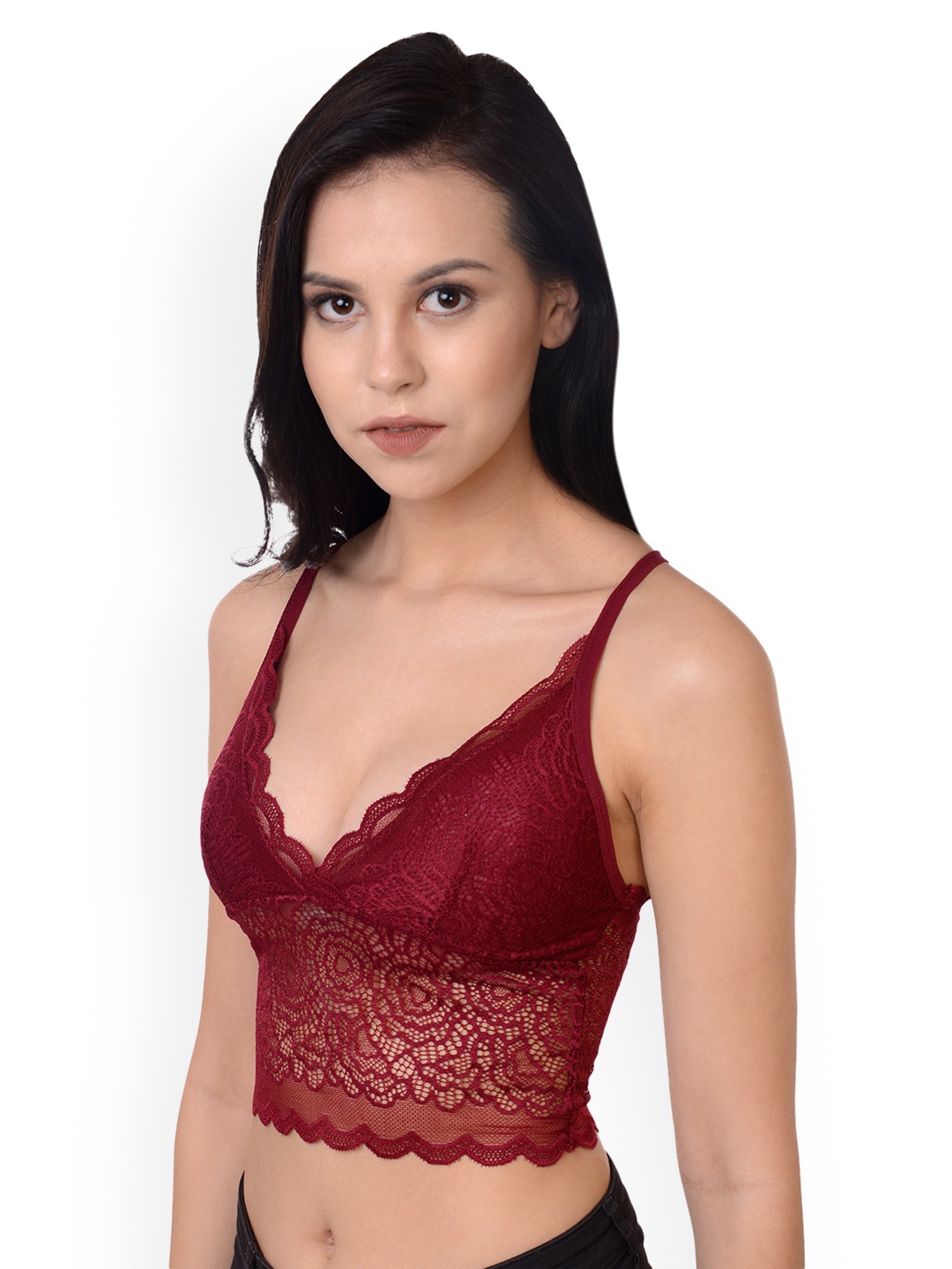 

Da Intimo Maroon Non-Wired Lightly Padded Styled Back Lace Bralette Bra DI-1205