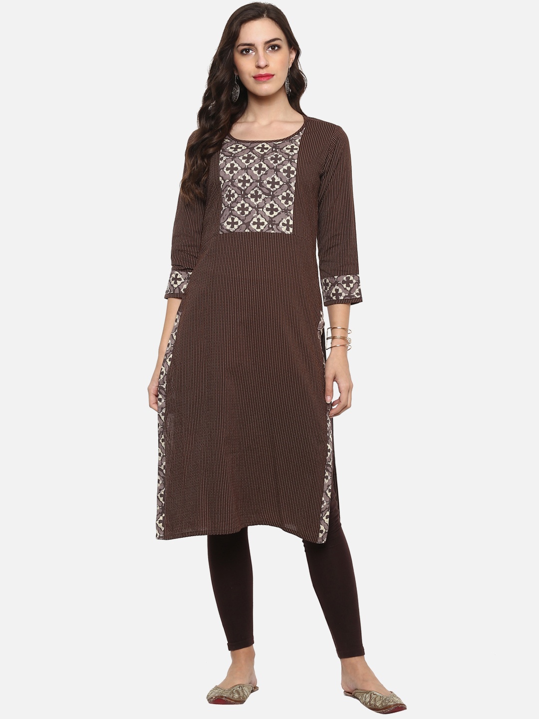 

YASH GALLERY Women Brown & Off-White Striped Straight Kurta