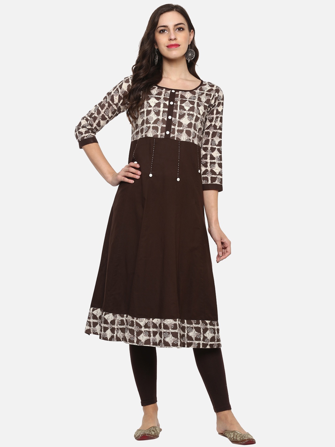 

YASH GALLERY Women Brown & Off-White Checked A-Line Kurta