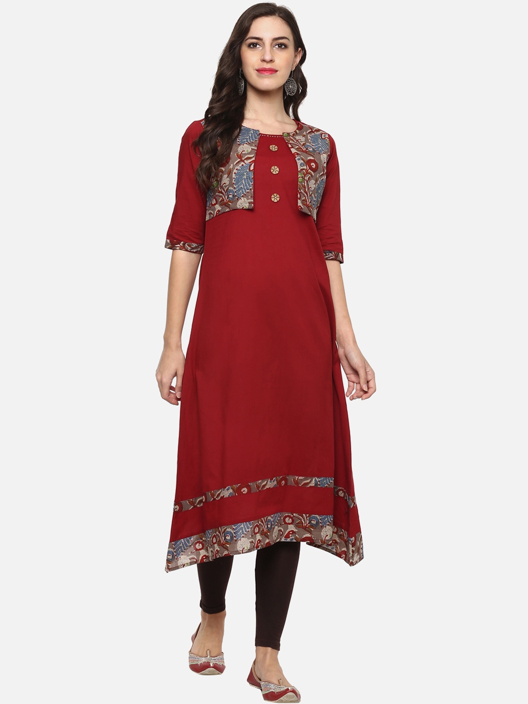 

YASH GALLERY Women Maroon Printed A-Line Layered Asymmetric Kurta