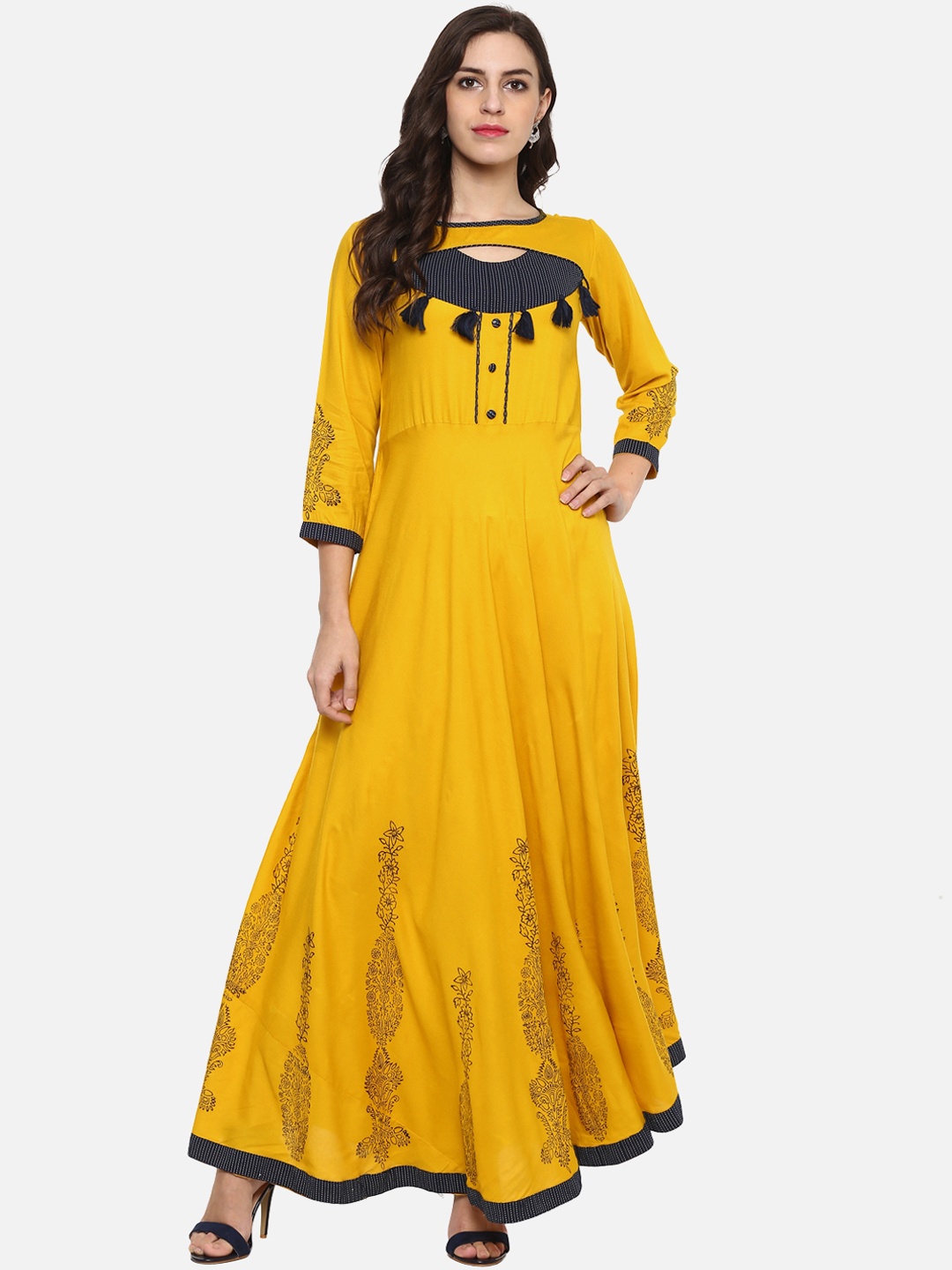 

YASH GALLERY Women Mustard Yellow & Blue Printed Anarkali Kurta