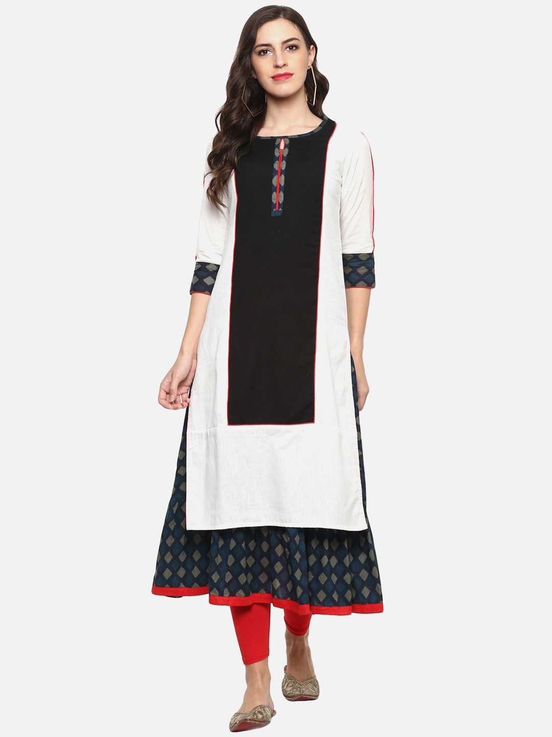 

YASH GALLERY Women Off-White & Black Printed A-Line Layered Kurta