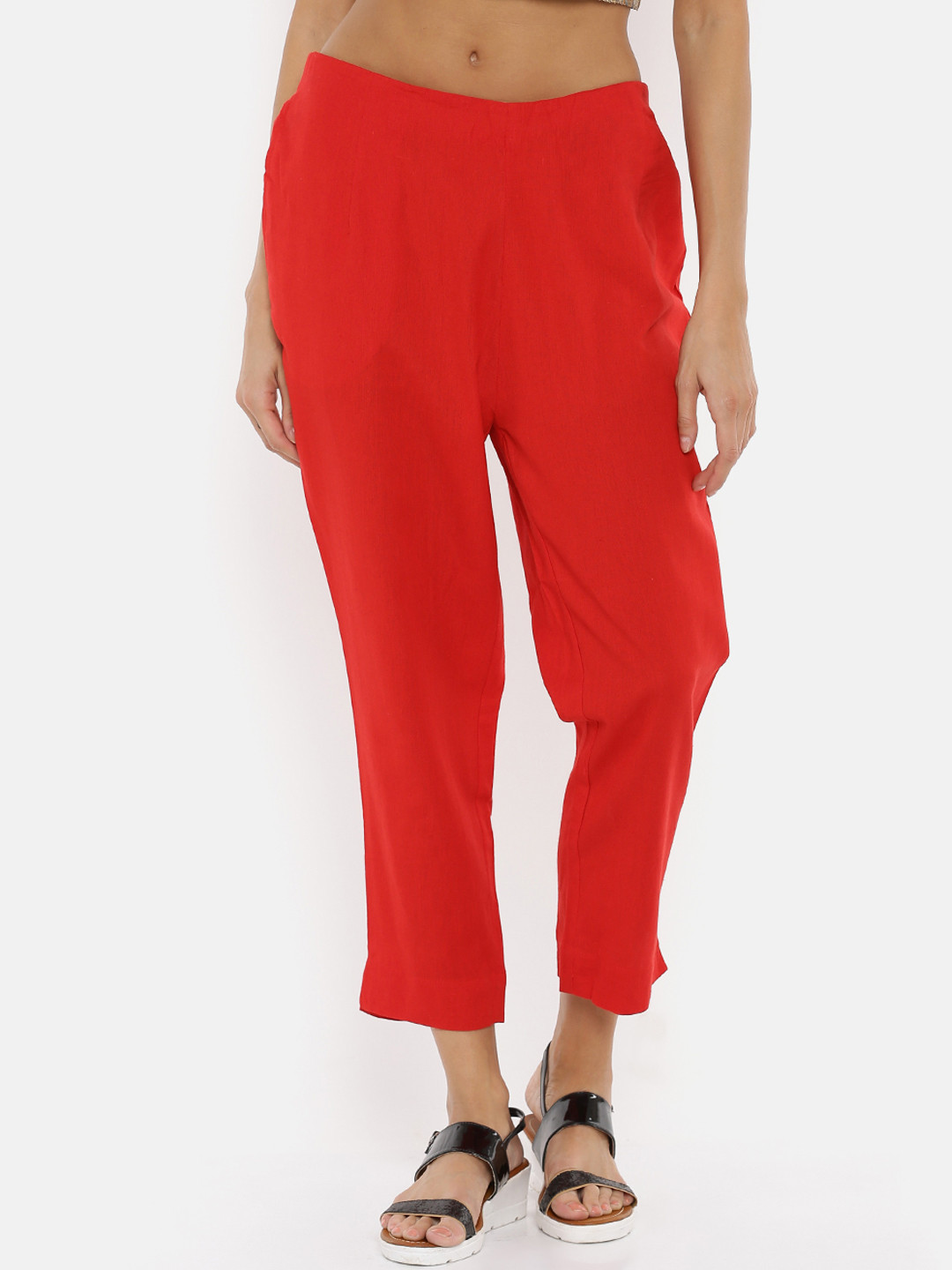 

De Moza Women Red Straight Fit Solid Peg Trousers
