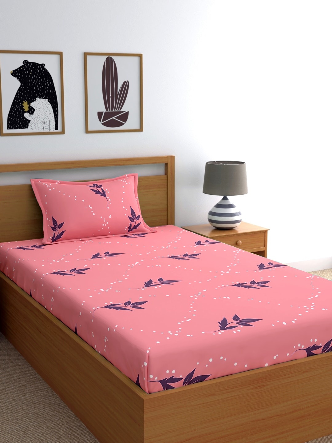 Home Ecstasy Pink Floral 140TC Cotton 1 Single Bedsheet With 1 Pillow Cover