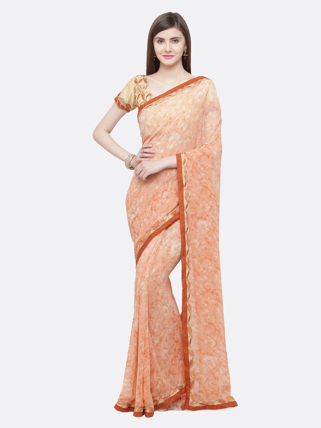 

Shaily Peach-Coloured Printed Pure Georgette Saree