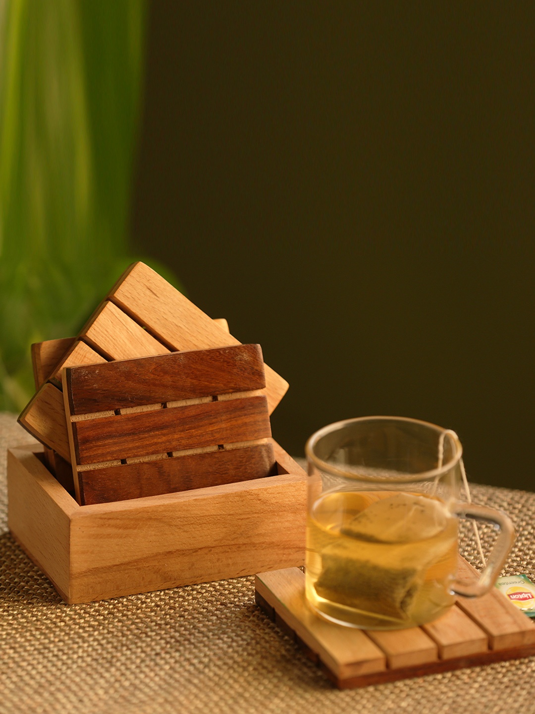 

ExclusiveLane Set of 4 Brown Squares Wood Handcrafted Coasters With Stand