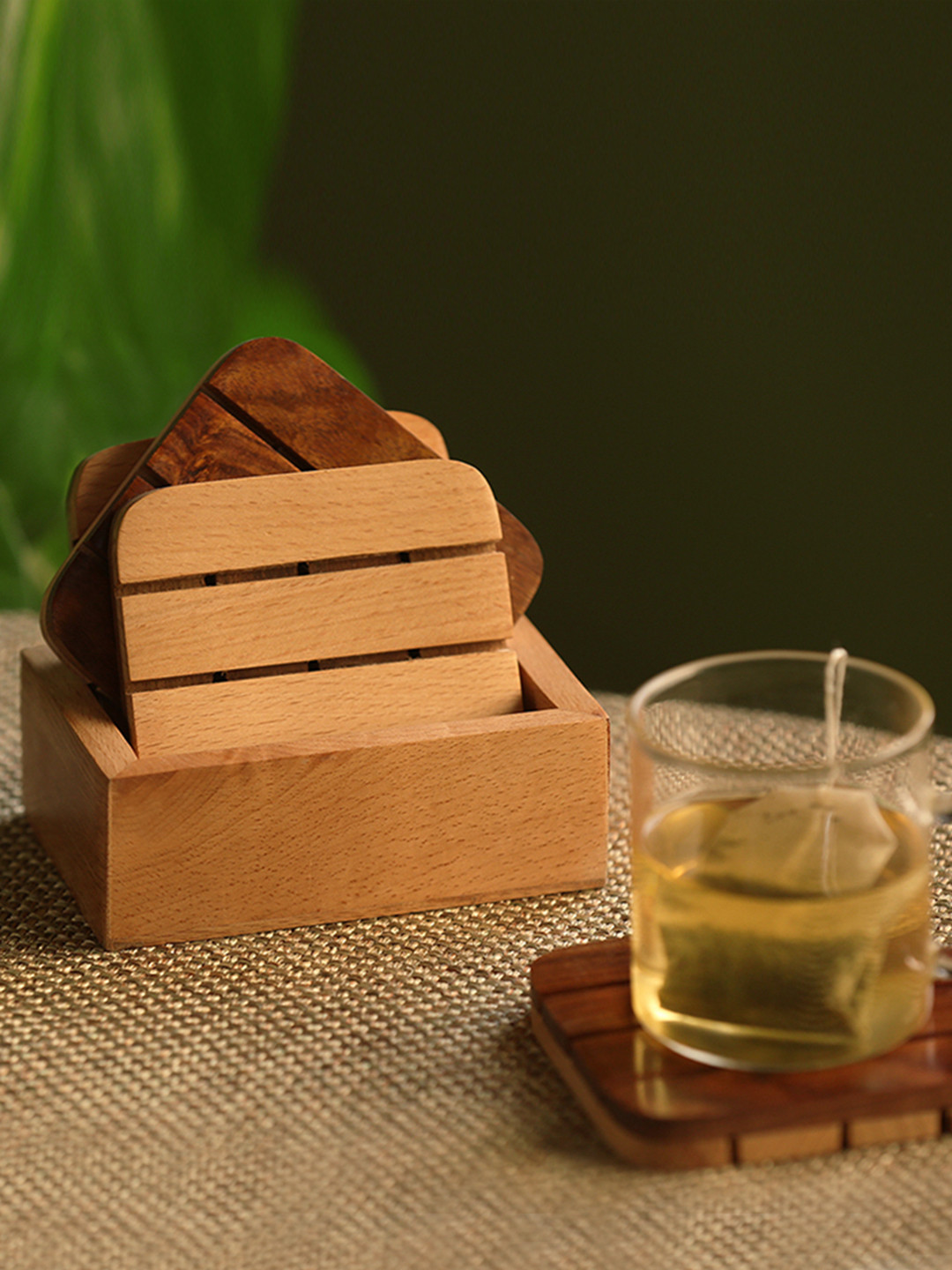 

ExclusiveLane Set of 4 Brown Wooden Cornered Squares Handcrafted Coasters With Stand