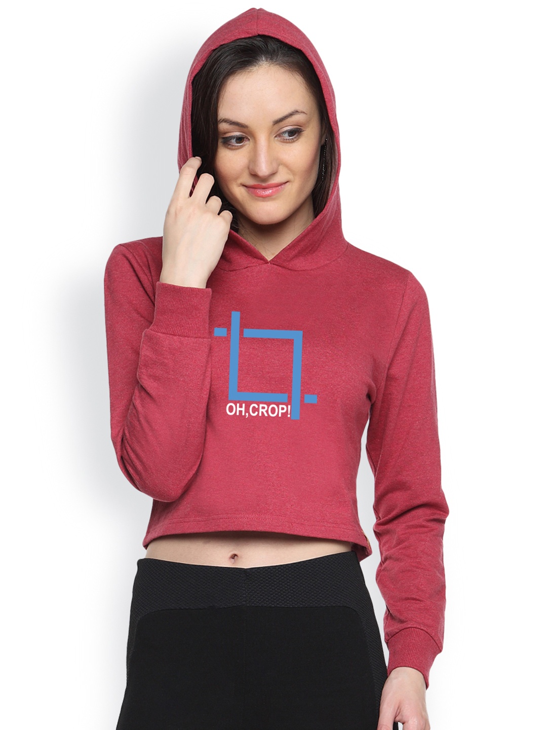 

Campus Sutra Maroon Printed Hooded Crop Sweatshirt