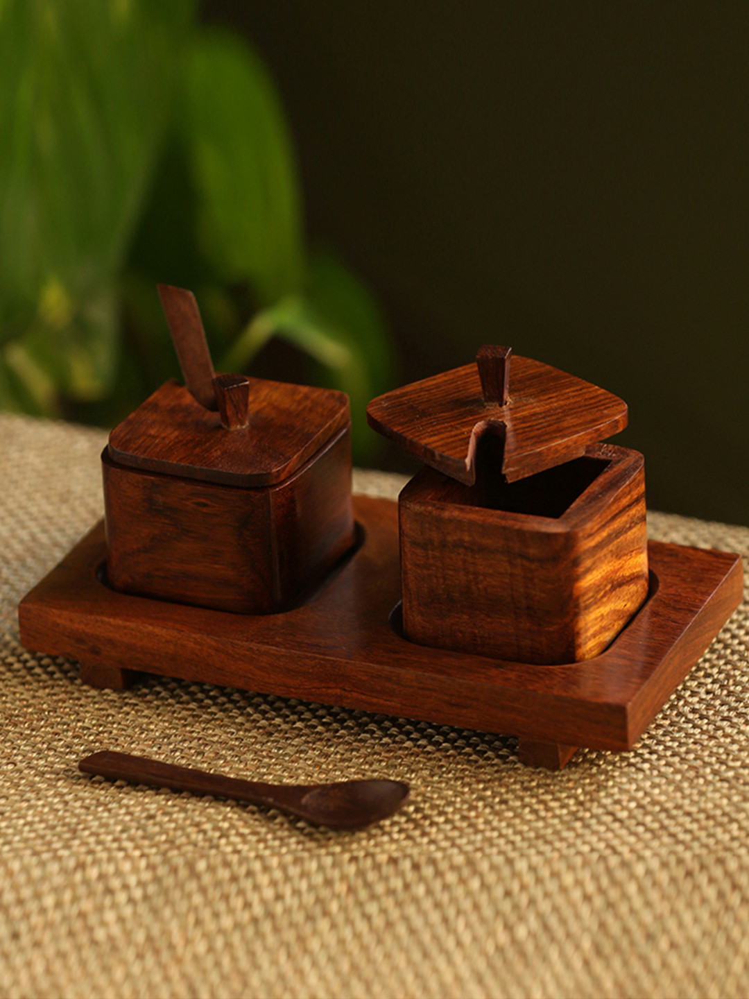 

ExclusiveLane Wood Serving Squares Handcrafted Wooden Refreshment Jars With Spoon & Tray, Brown