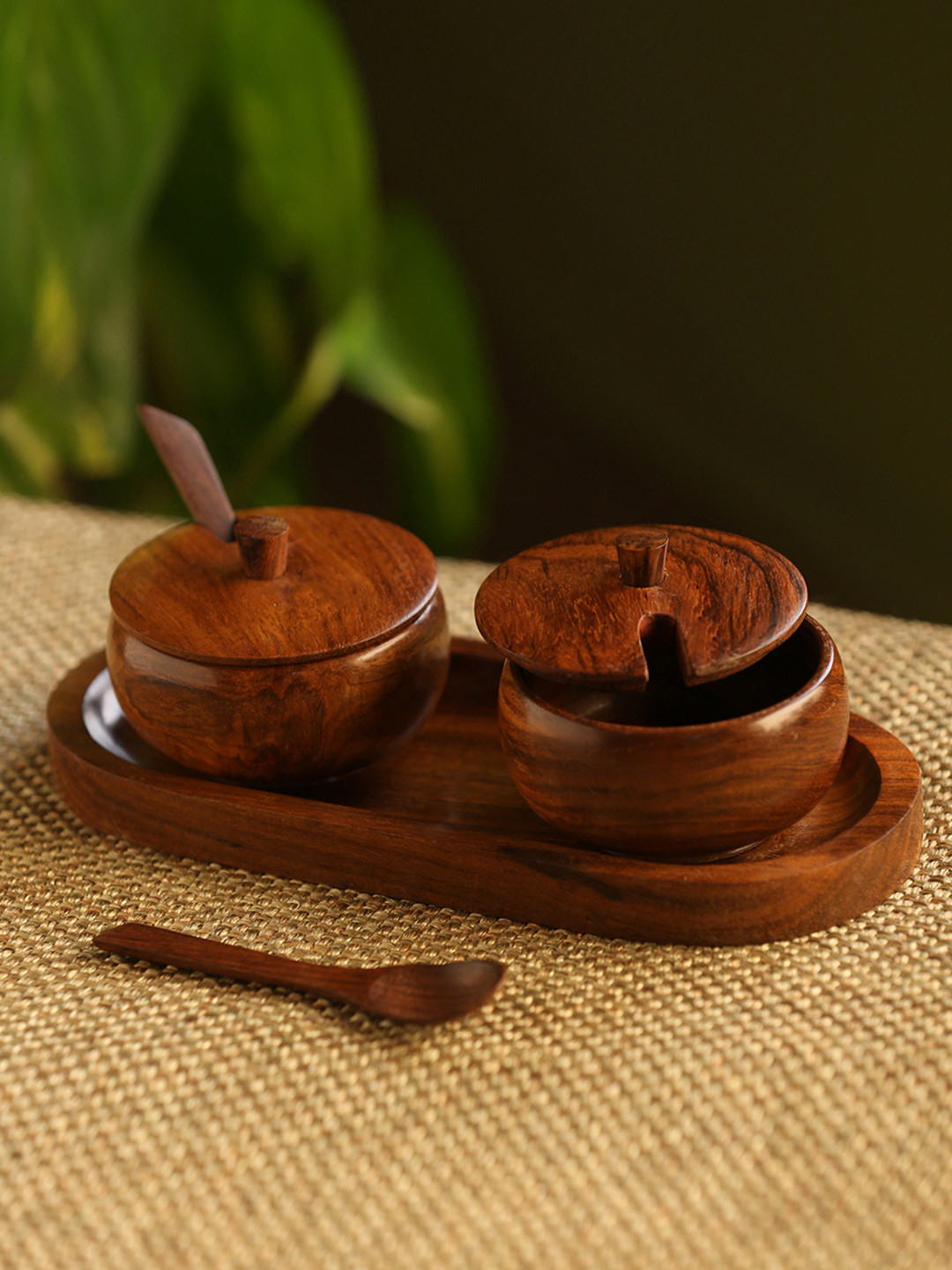 

ExclusiveLane Set of 5 Pcs Food Container Wooden Refreshment Jars And Tray, Brown