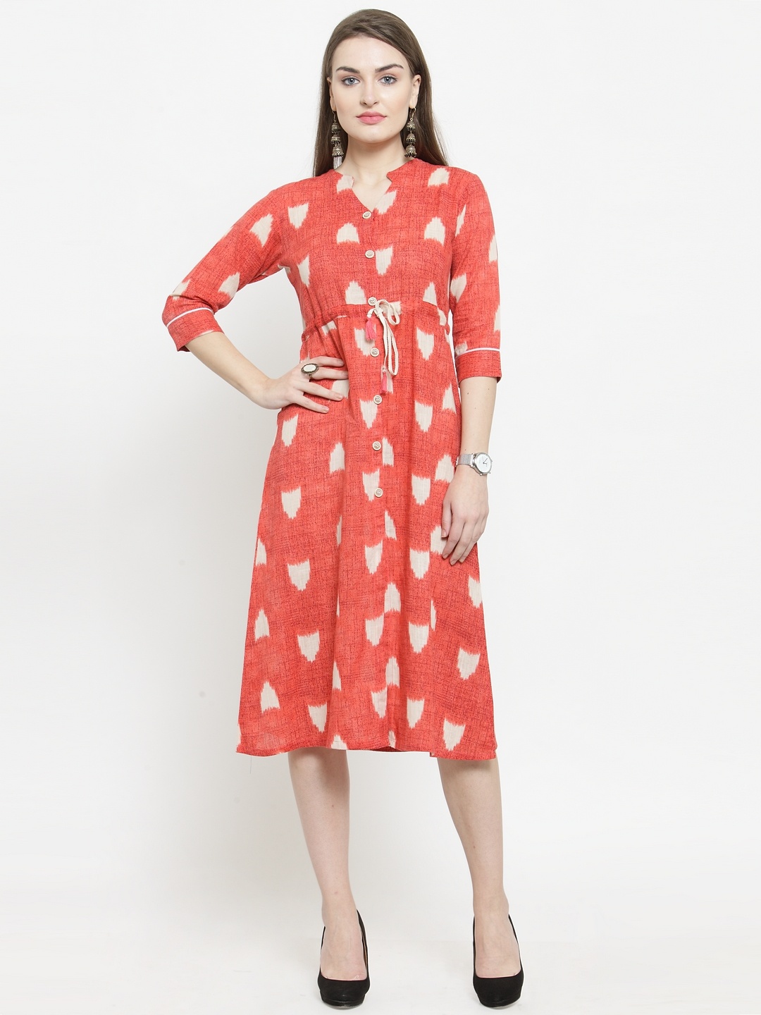 

Indibelle Women Peach-Coloured Printed Fit and Flare Dress