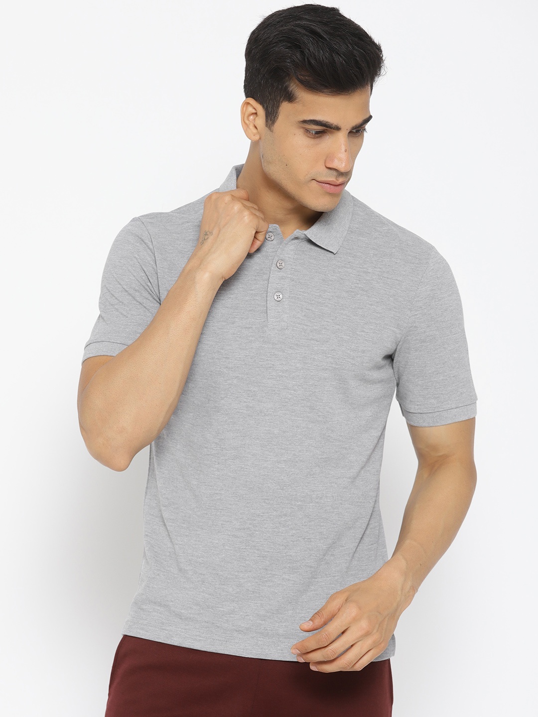 

Alcis Men Grey Melange Solid Slim Fit Polo Collar T-shirt