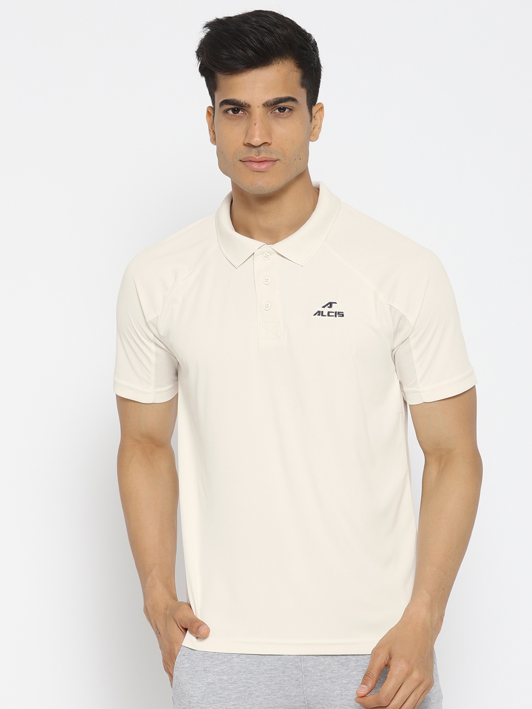 

Alcis Men Off-White Solid Slim Fit Polo Collar Cricket T-shirt