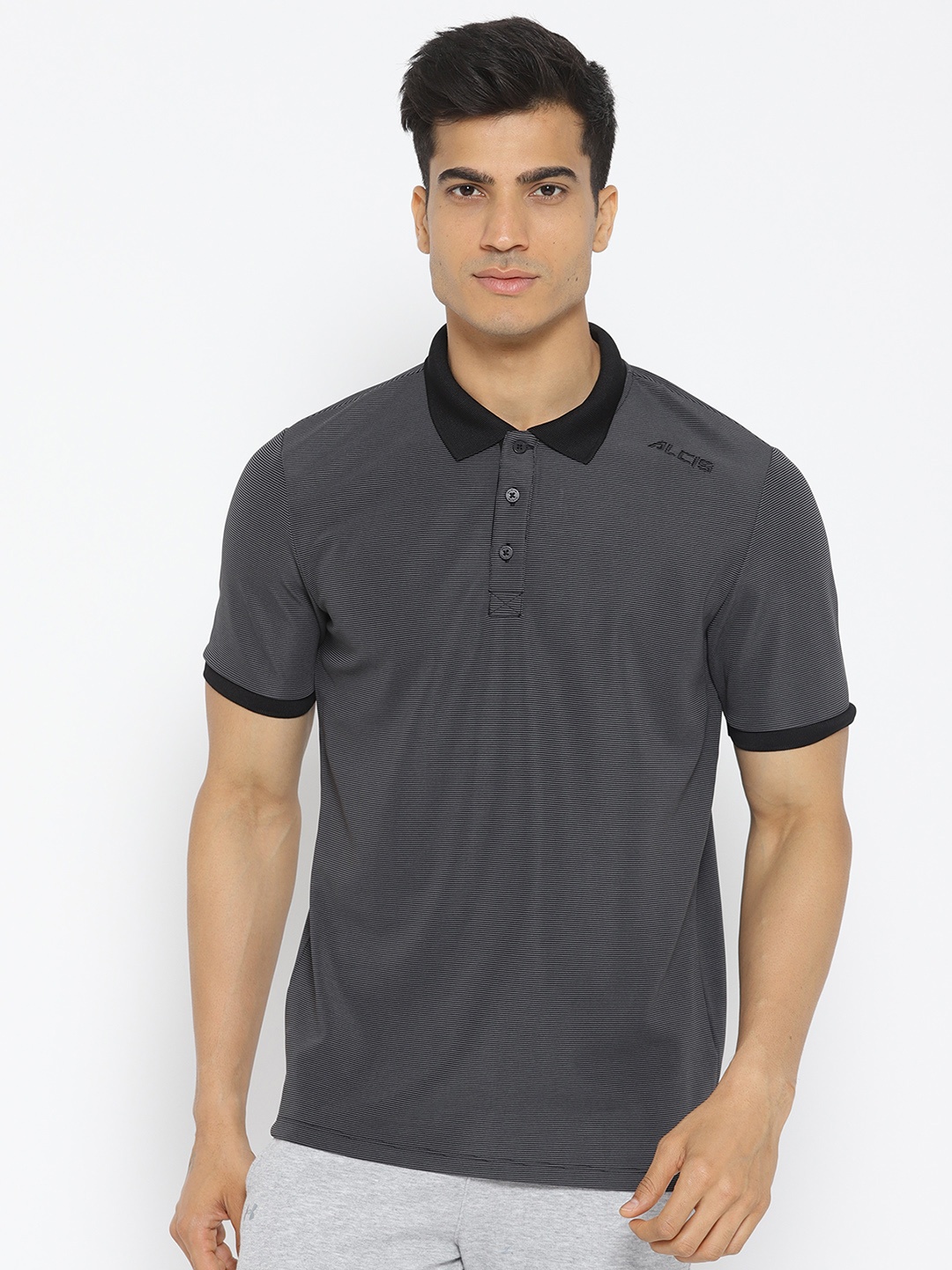 

Alcis Men Charcoal Grey & Black Striped Slim Fit Polo Collar T-shirt