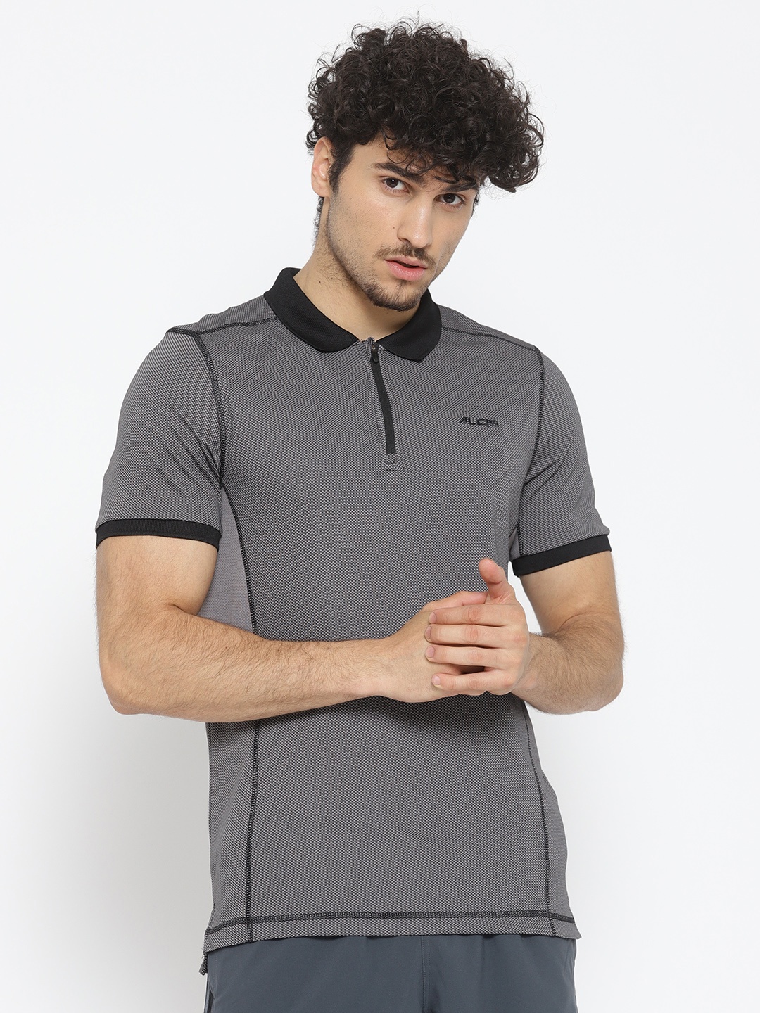 

Alcis Men Grey Self Design Polo Collar T-shirt
