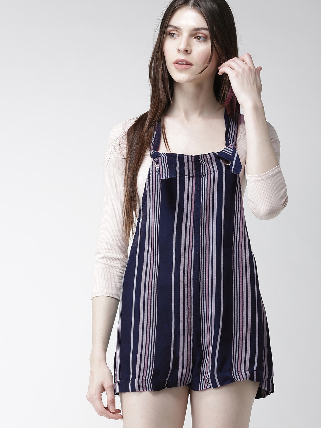 

FOREVER 21 Women Navy Blue Striped Playsuit