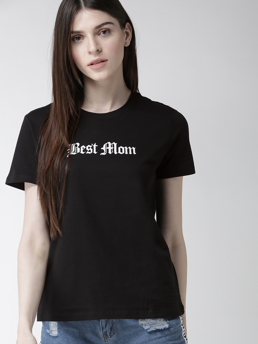 

FOREVER 21 Women Black Printed Round Neck Pure Cotton T-shirt