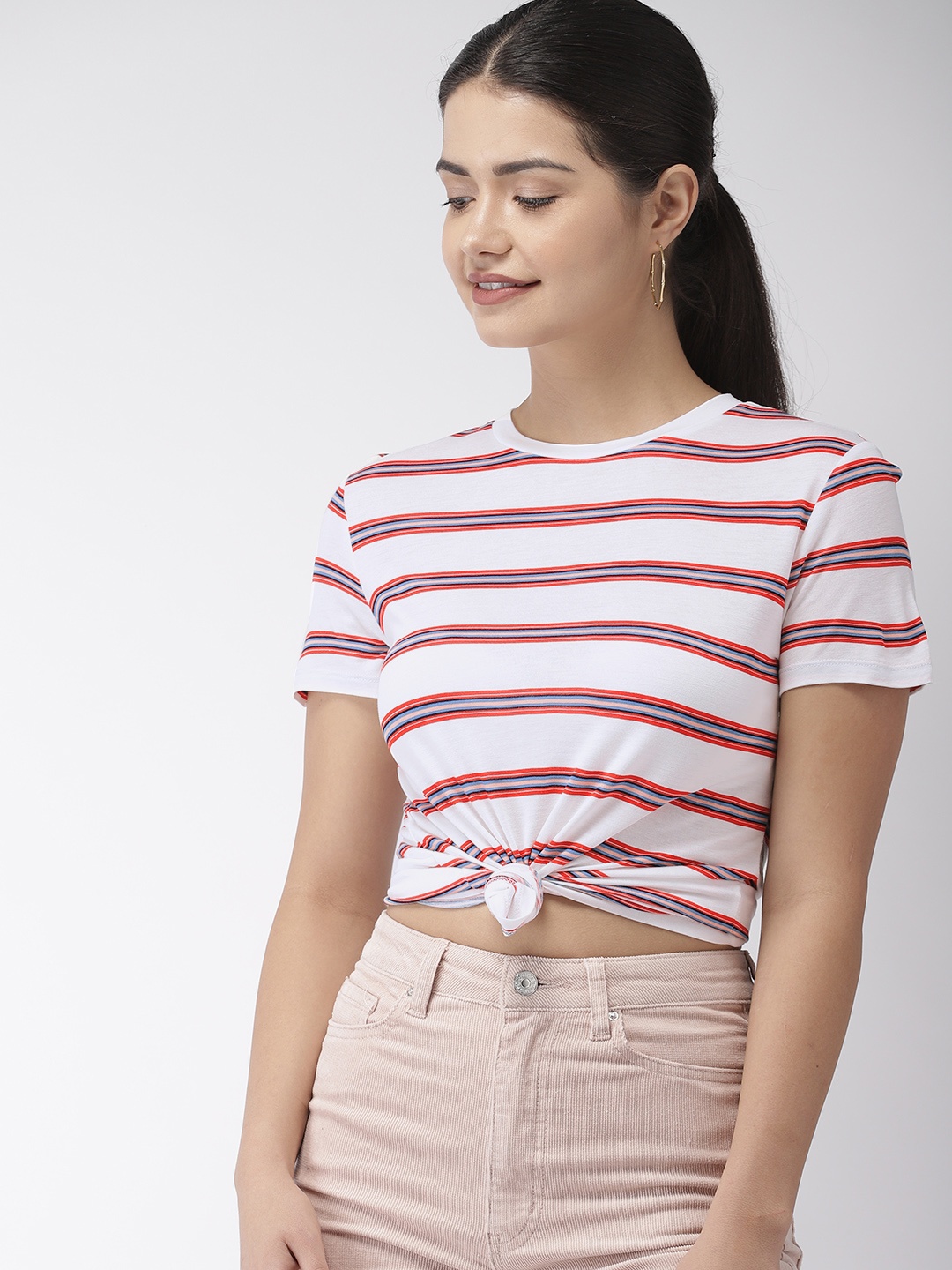 

FOREVER 21 Women Cream-Coloured & Red Striped Crop Top