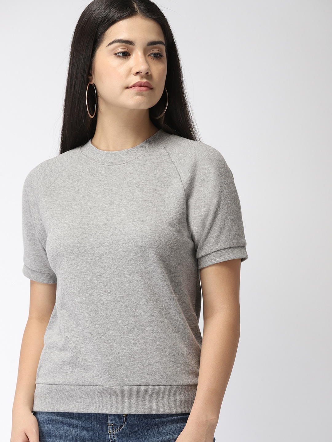 

FOREVER 21 Women Grey Melange Solid Round Neck T-shirt